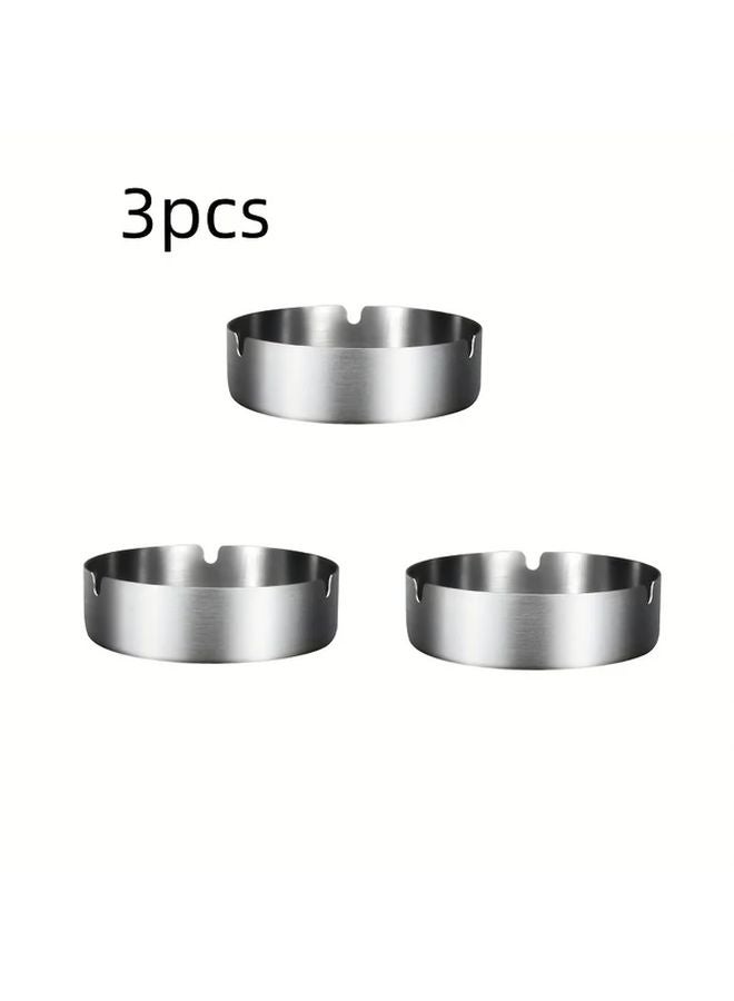 3 قطع من منافض السجائر الفضية المصنوعة من الفولاذ المقاوم للصدأ، مستديرة، كلاسيكية، لتزيين المنزل أو المكتب. - Image 2